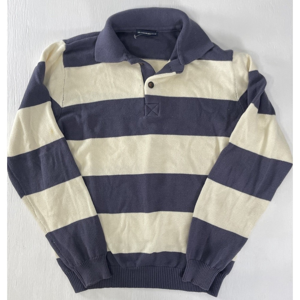 Brandy Melville Navy and Cream Striped Off-the-Shoulder Sweater